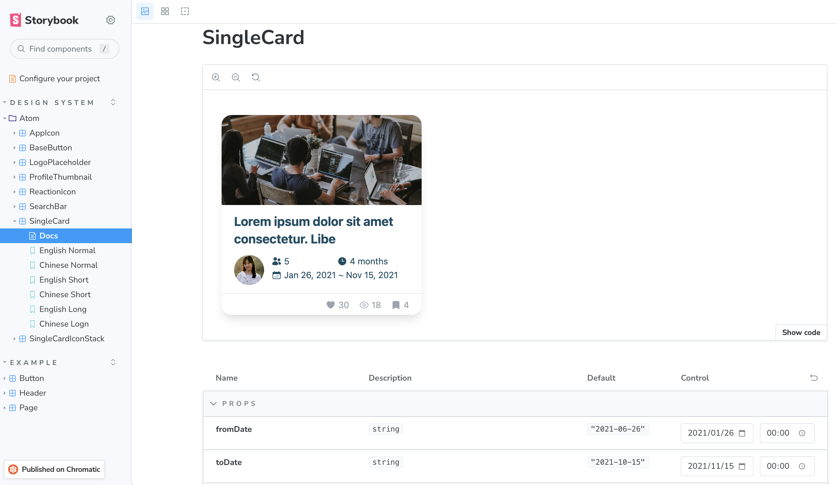 The Single Card components hosted by storybook